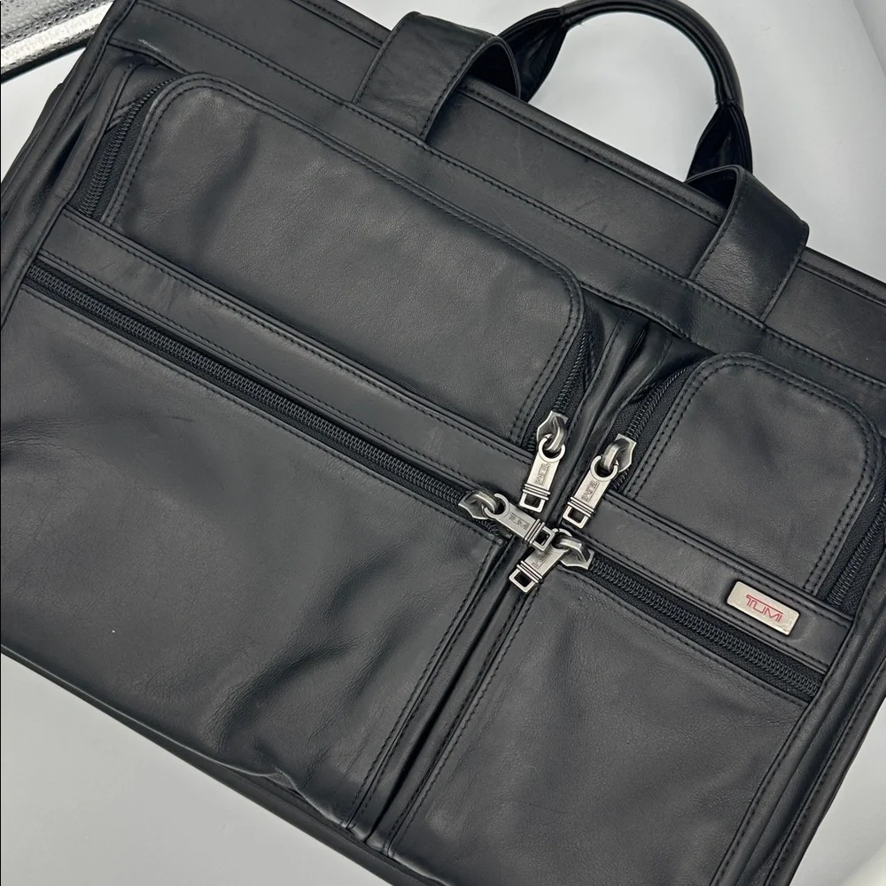 Tumi Alpha Leather Expandable Organizer Briefcase Black Laptop Bag